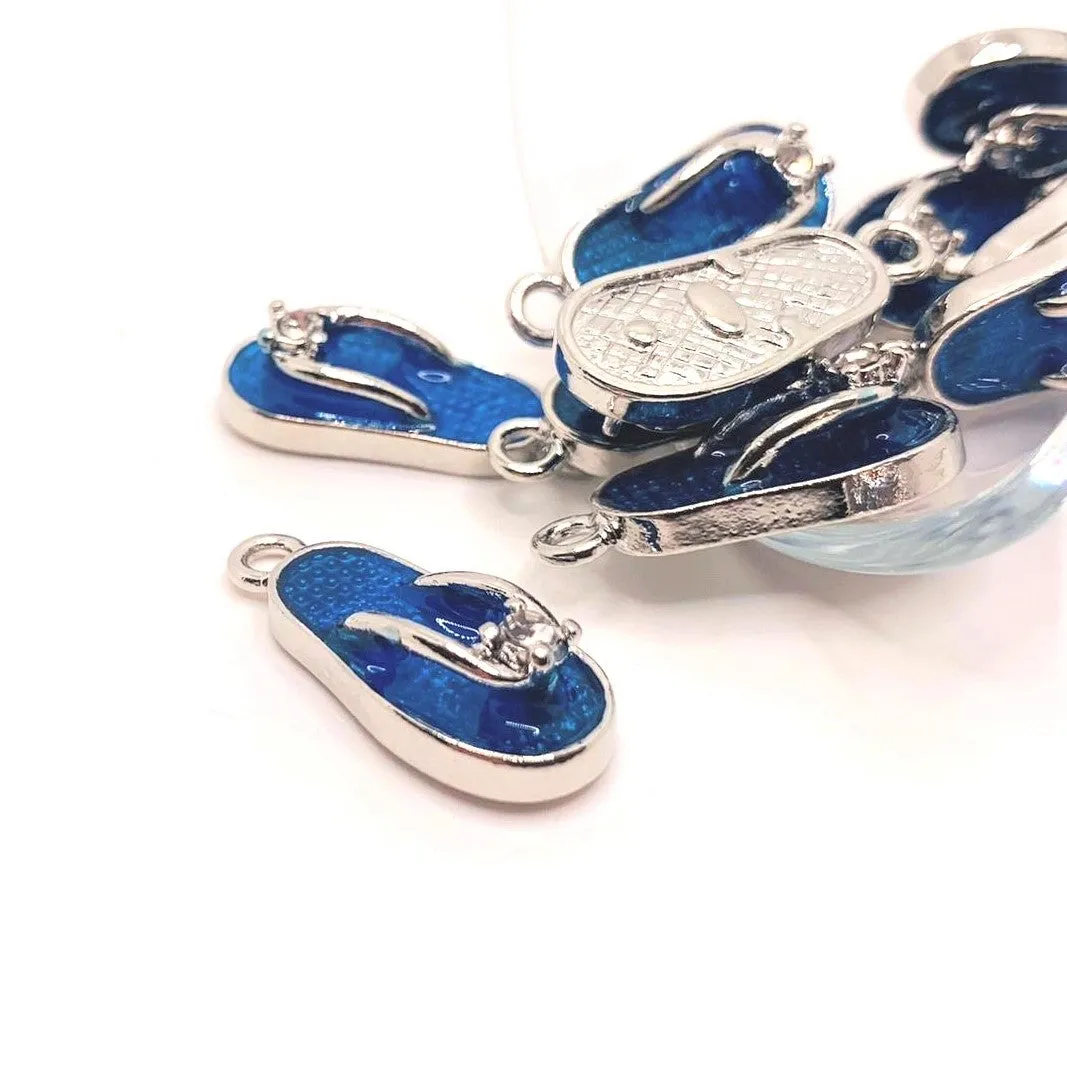 4, 20 or 50 Pieces: Blue Enamel Flip Flop Sandal 3D Charms with Rhinestone