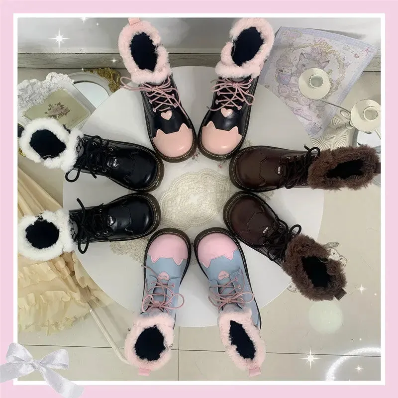 Black Pink Sugar Kitty Paw Lolita Winter Boots