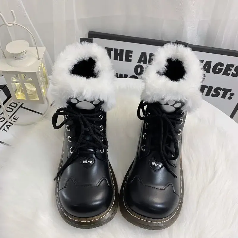 Black Pink Sugar Kitty Paw Lolita Winter Boots