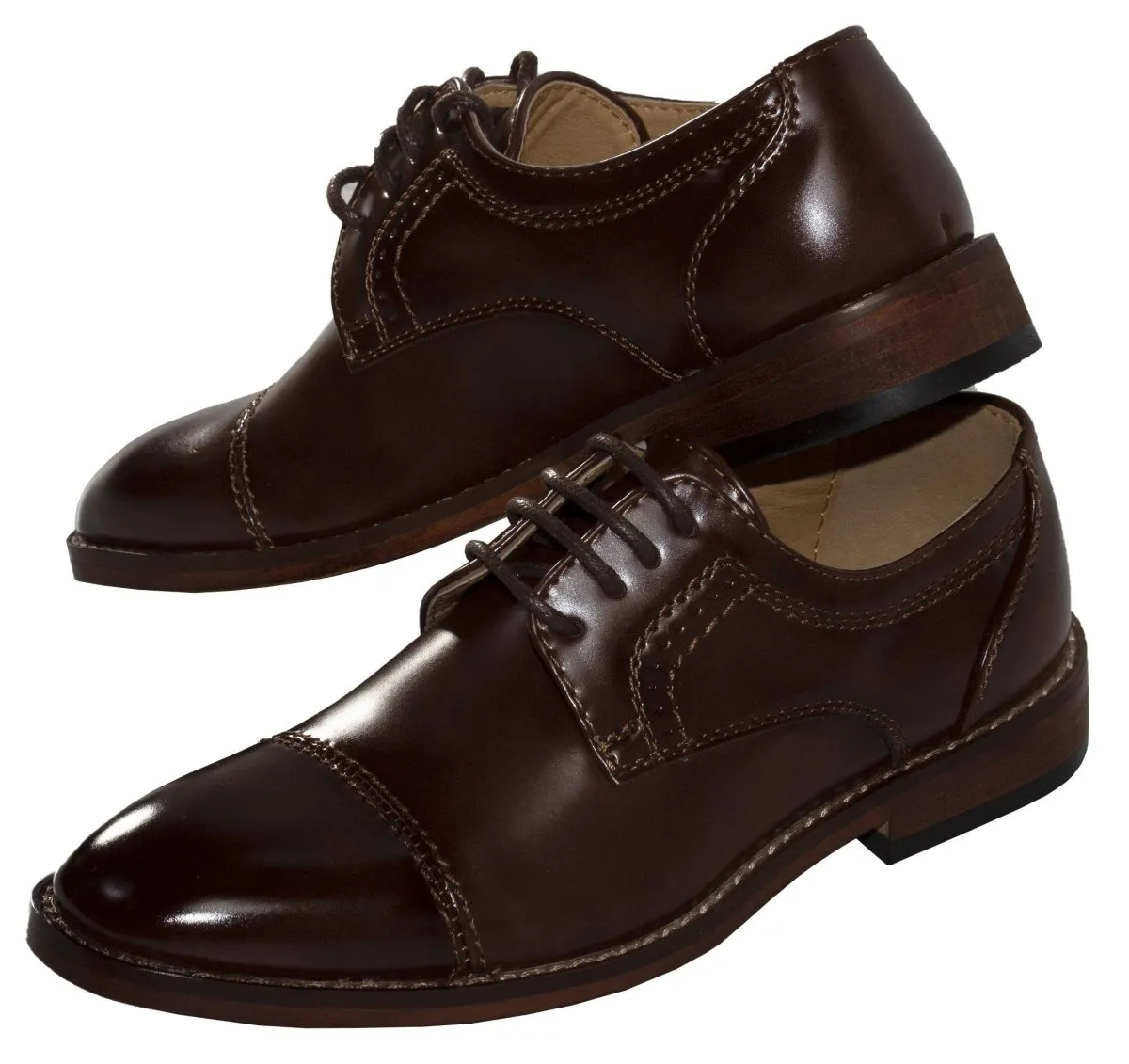 Boys Matte Brown Cap Toe Lace up Dress Shoes