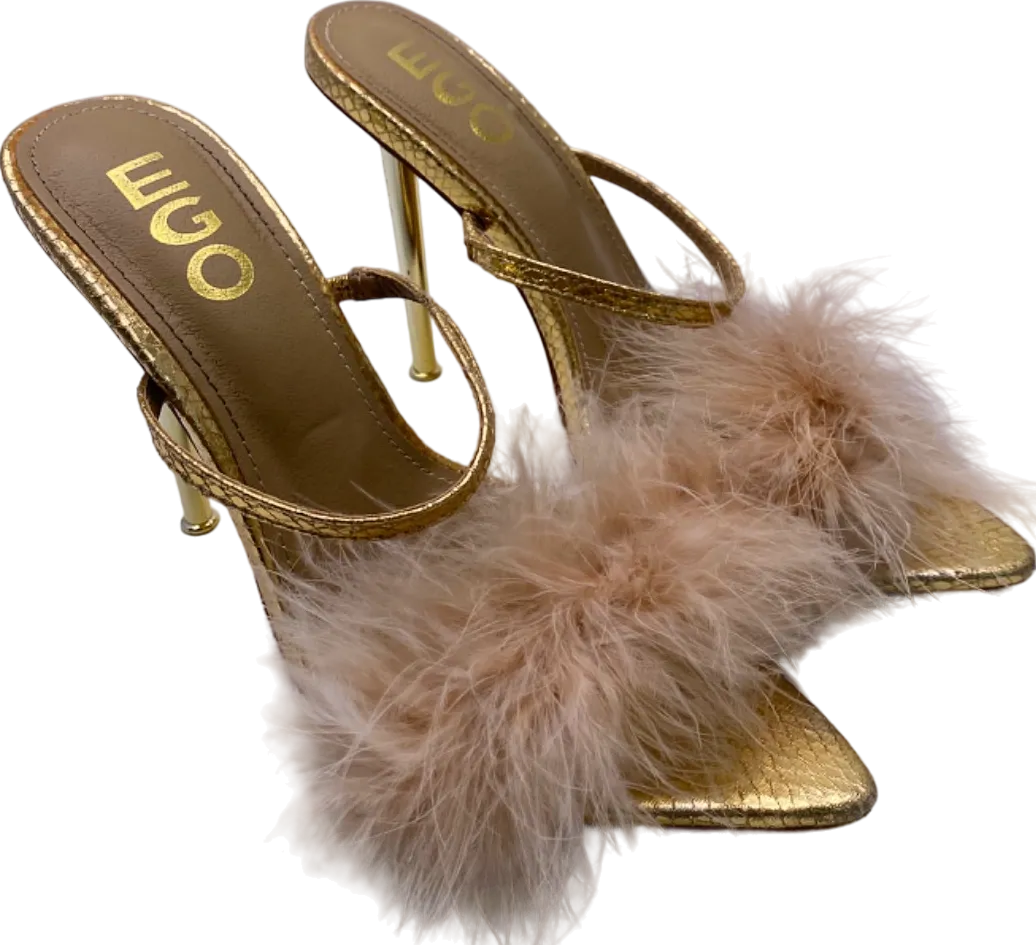 EGO Gold Faux Fur Feathered High Heels Sandals UK 5