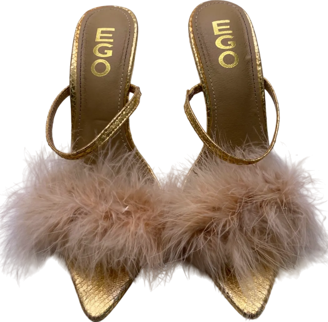 EGO Gold Faux Fur Feathered High Heels Sandals UK 5