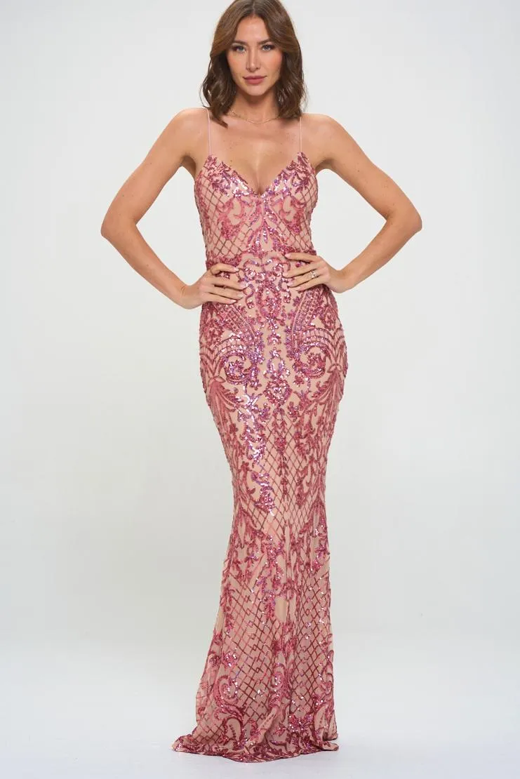 Eva Sequin Hot Pink & Nude Mermaid Maxi