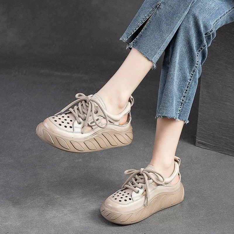 GO1226 Women's Casual Shoes: Leather Wedge Chunky Sneakers and Sandals