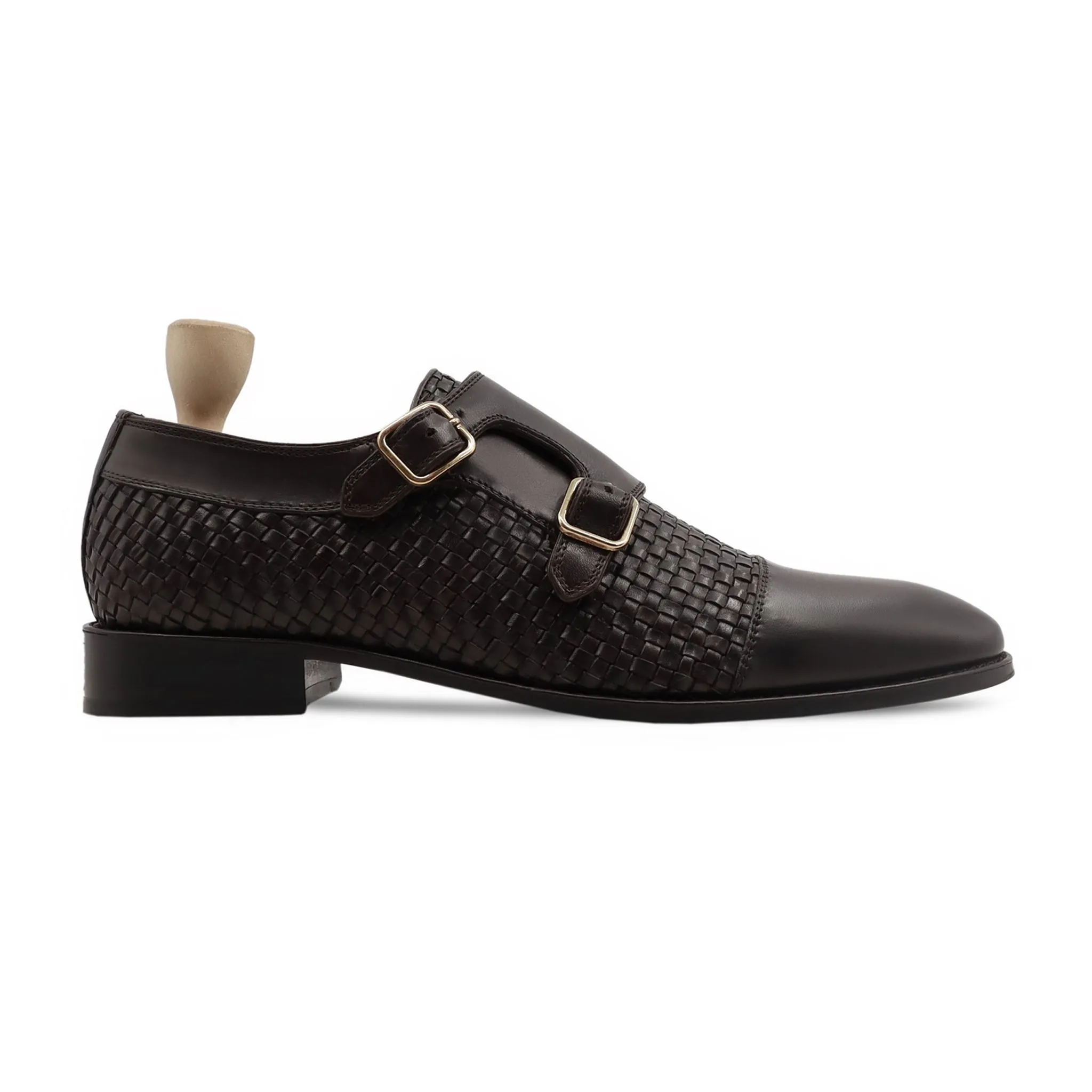 Inci - Men's Dark Brown Calf and Woven Leather Double Monkstrap