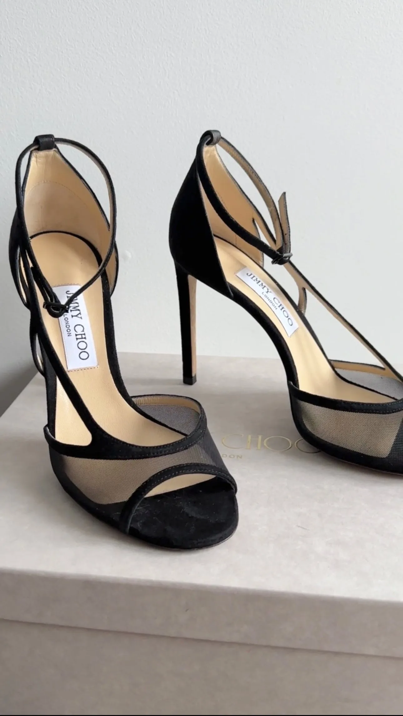 Jimmy Choo Liu 100 Black Suede Mesh High Heel Sandals - 39.5 / 9