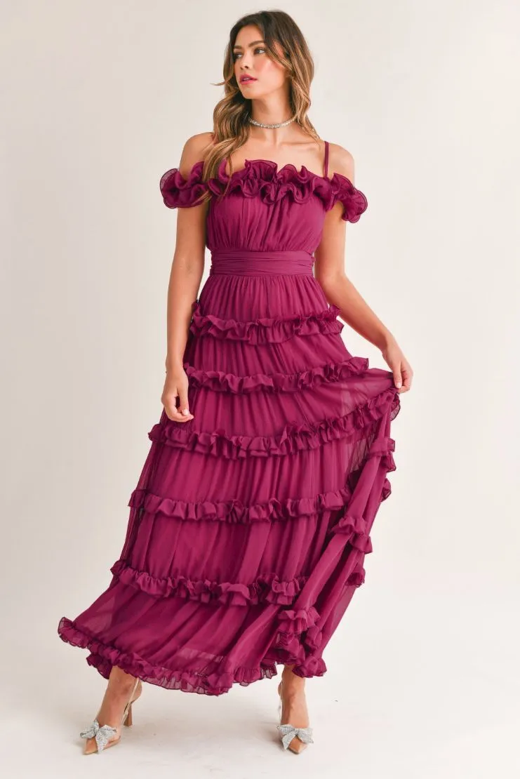 Leylani Berry Ruffle Tiered Maxi Dress