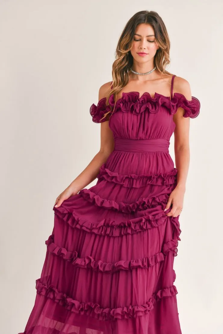 Leylani Berry Ruffle Tiered Maxi Dress