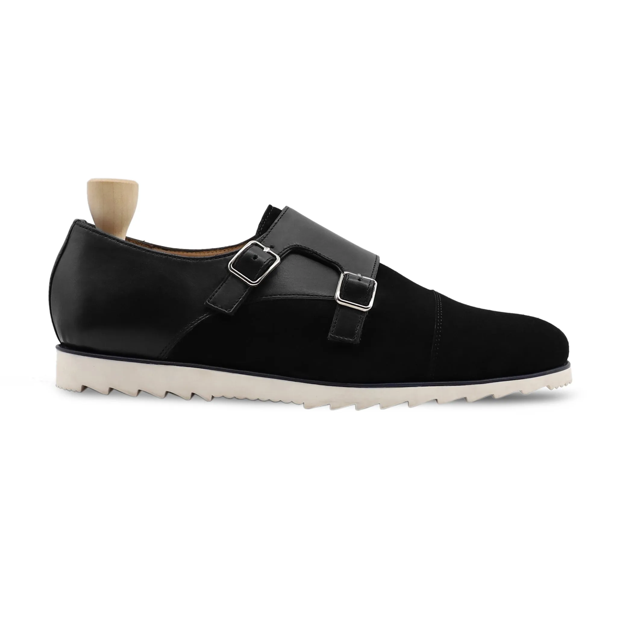 Loki - Men's Black Calf and Kid Suede Double Monkstrap