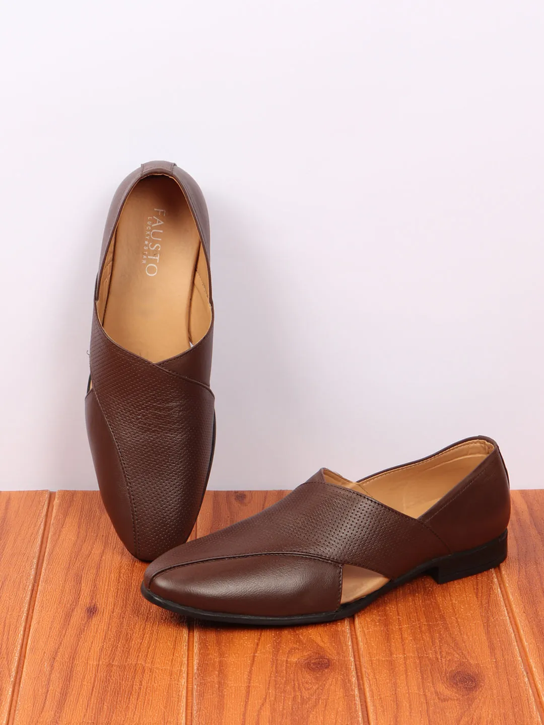 Men Formal Brown Peshawari Front Open Leather Slip On Shoes