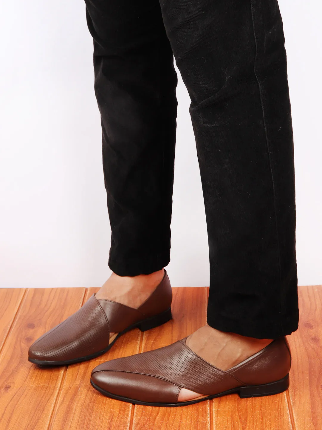 Men Formal Brown Peshawari Front Open Leather Slip On Shoes