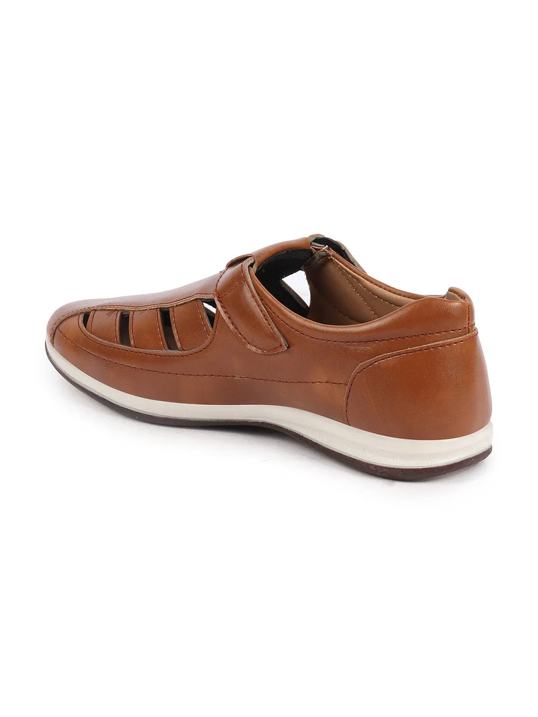 Men Tan Laser Cut Design Day Long Comfort Hook and Loop Casual Sandals