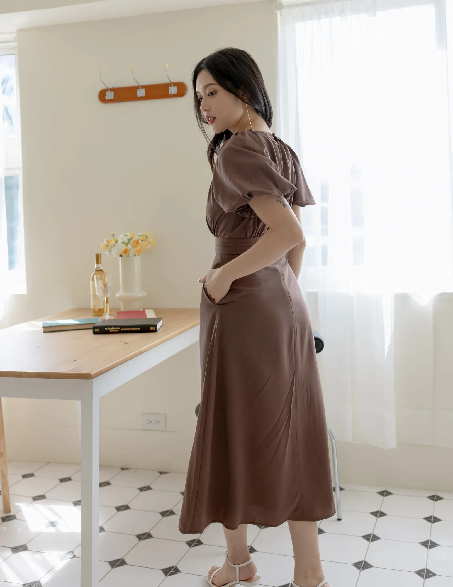 Ophelia Midi Dress in Brown