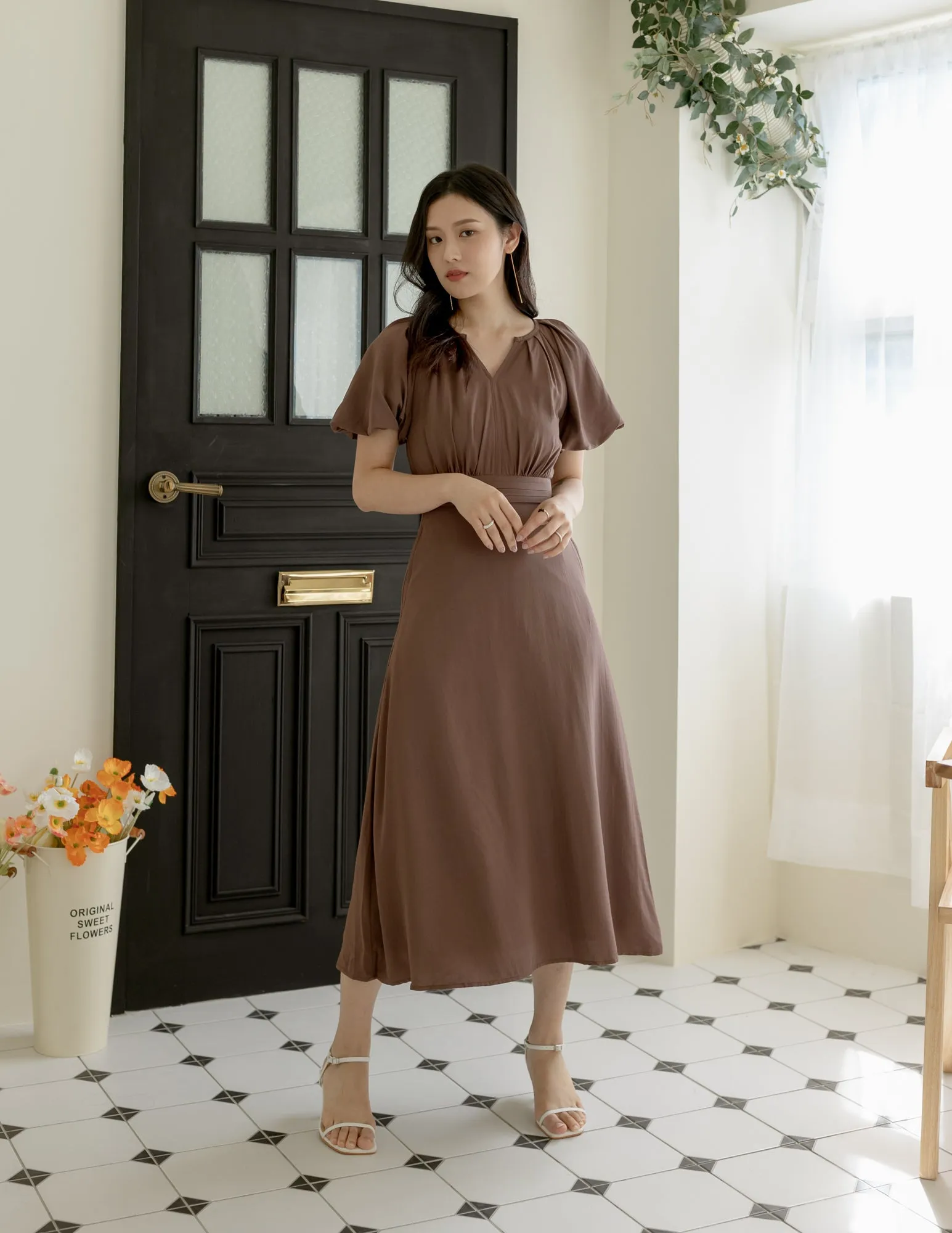 Ophelia Midi Dress in Brown