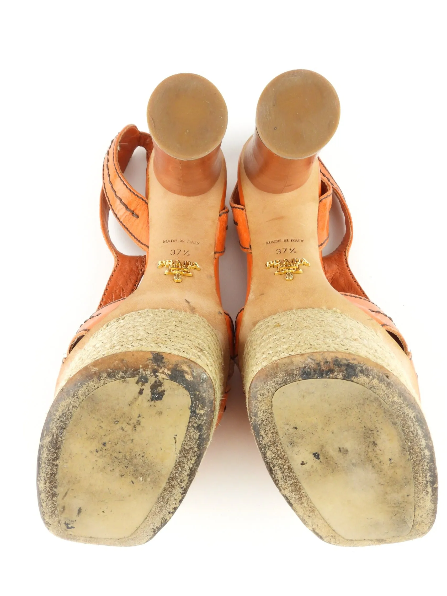 Prada Orange Leather Wood Block Heel Espadrille Platform Sandals - 37.5