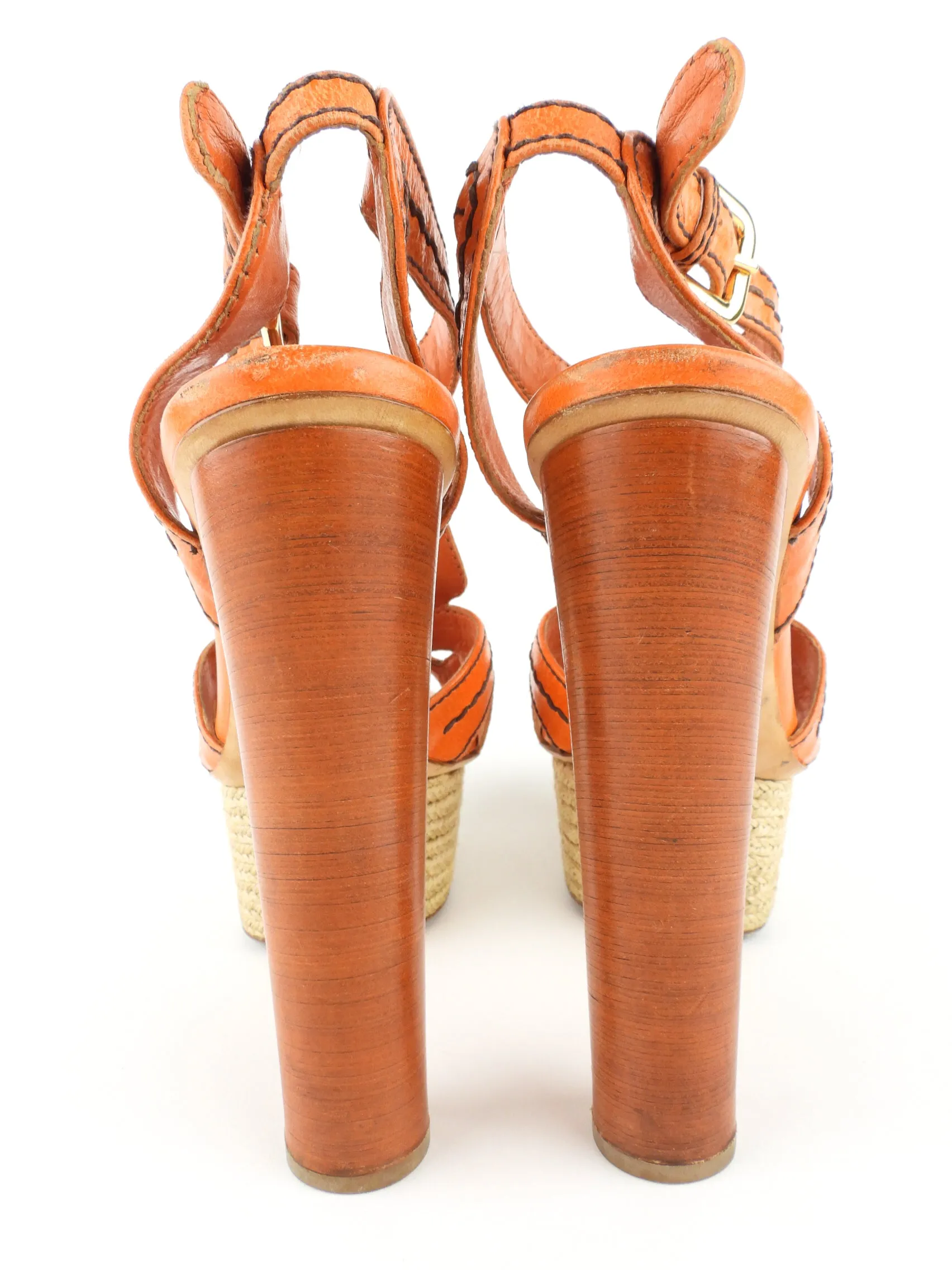 Prada Orange Leather Wood Block Heel Espadrille Platform Sandals - 37.5