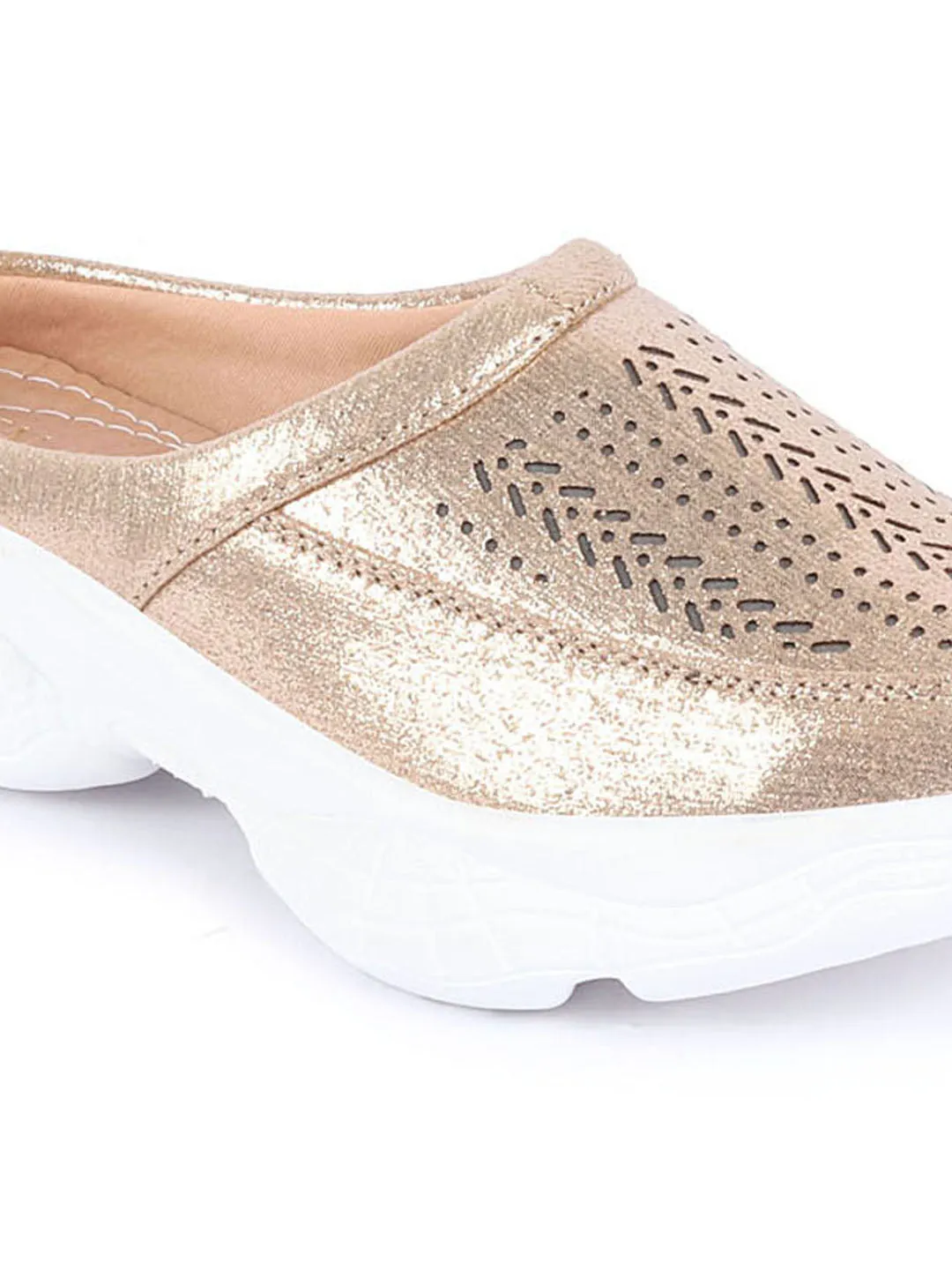 Women Golden Laser Cut Design Stitched Back Open Slip On Mules Shoes