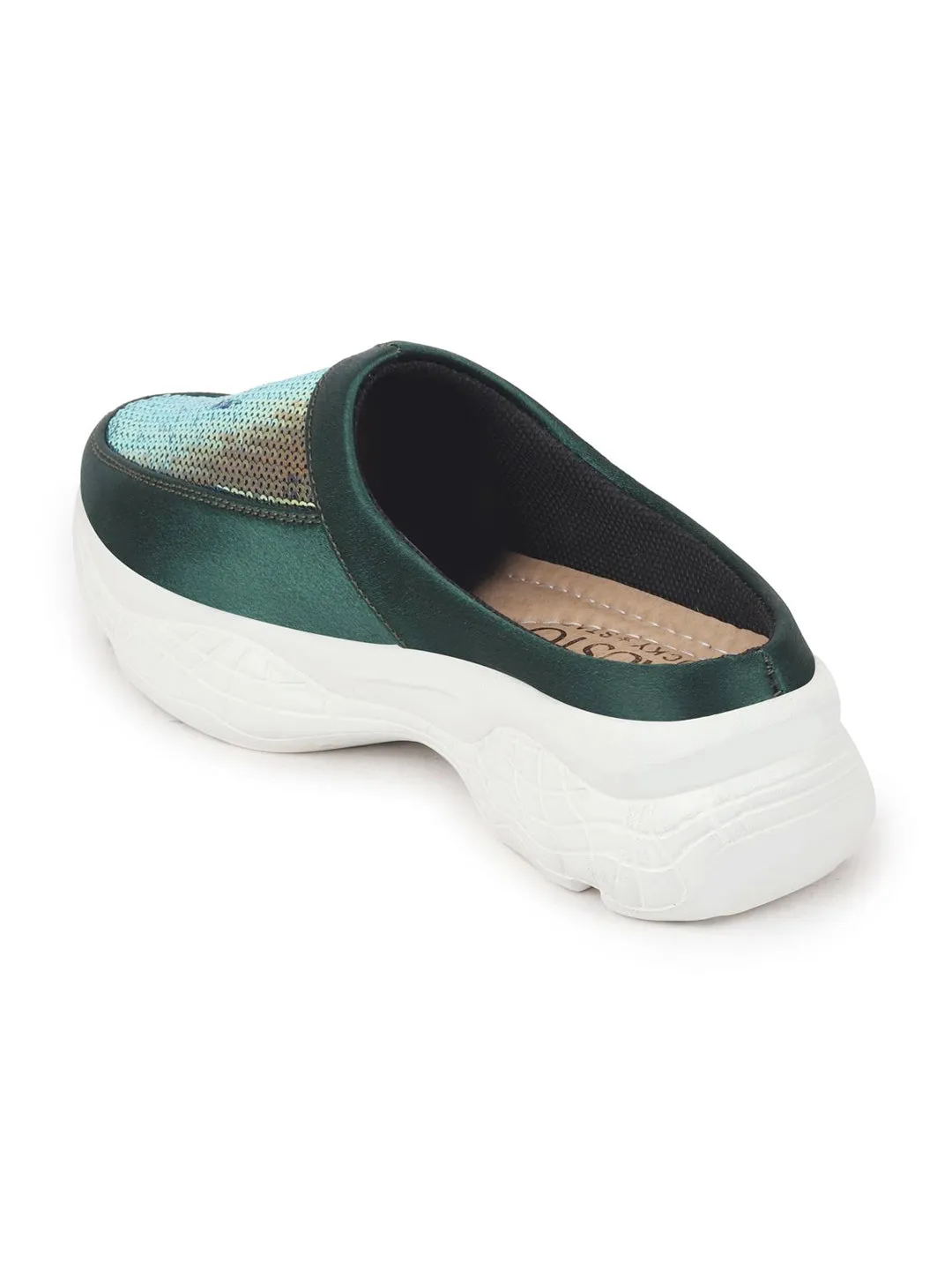 Women Green Back Open Embellished Slip On Mules