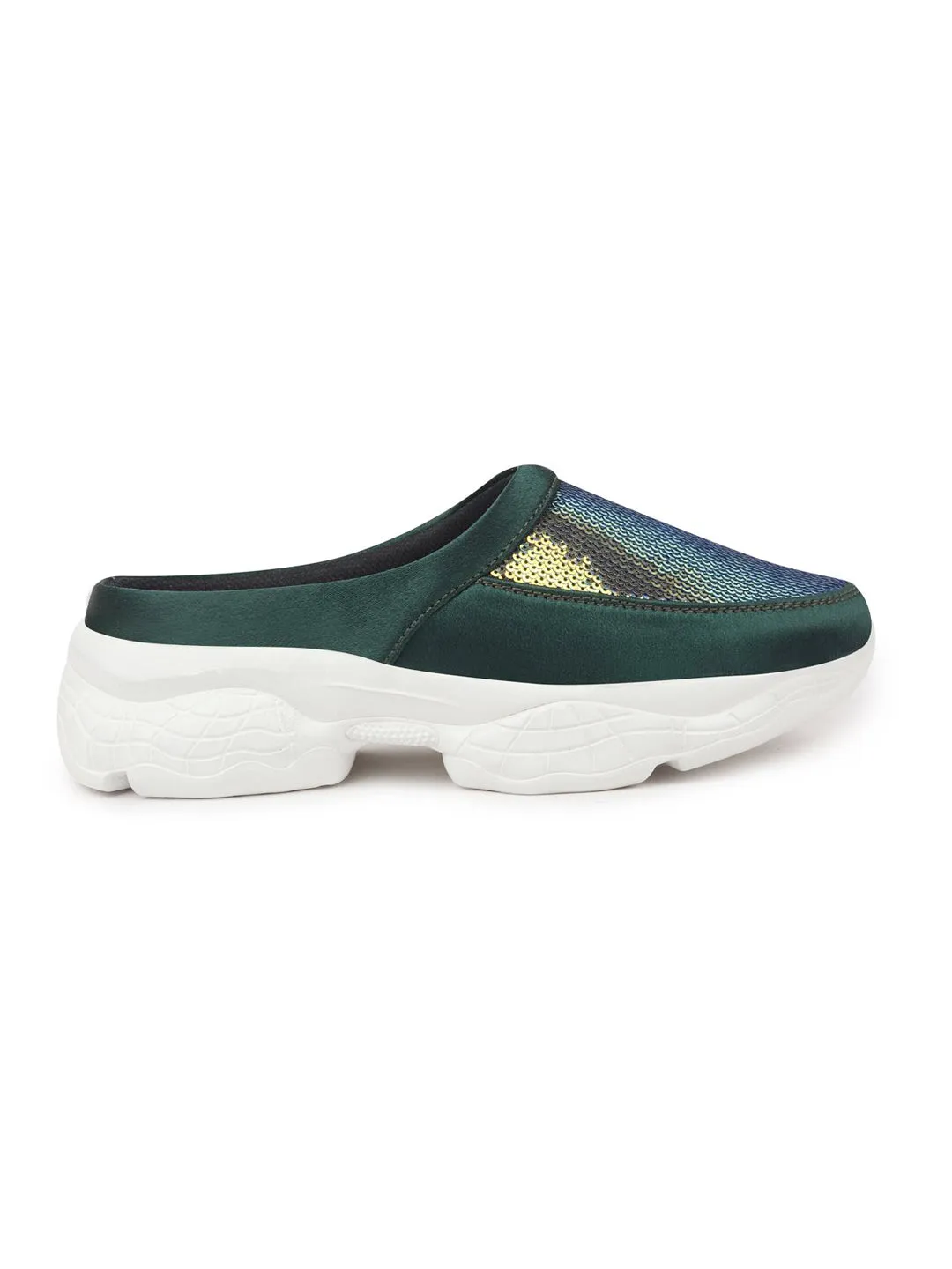 Women Green Back Open Embellished Slip On Mules