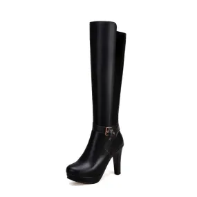 Women's Buckle Straps Side Zippers Block Chunky Heel Platform Knee High Boots