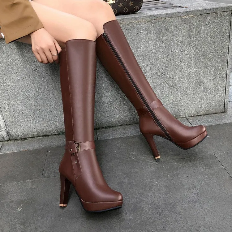 Women's Buckle Straps Side Zippers Block Chunky Heel Platform Knee High Boots