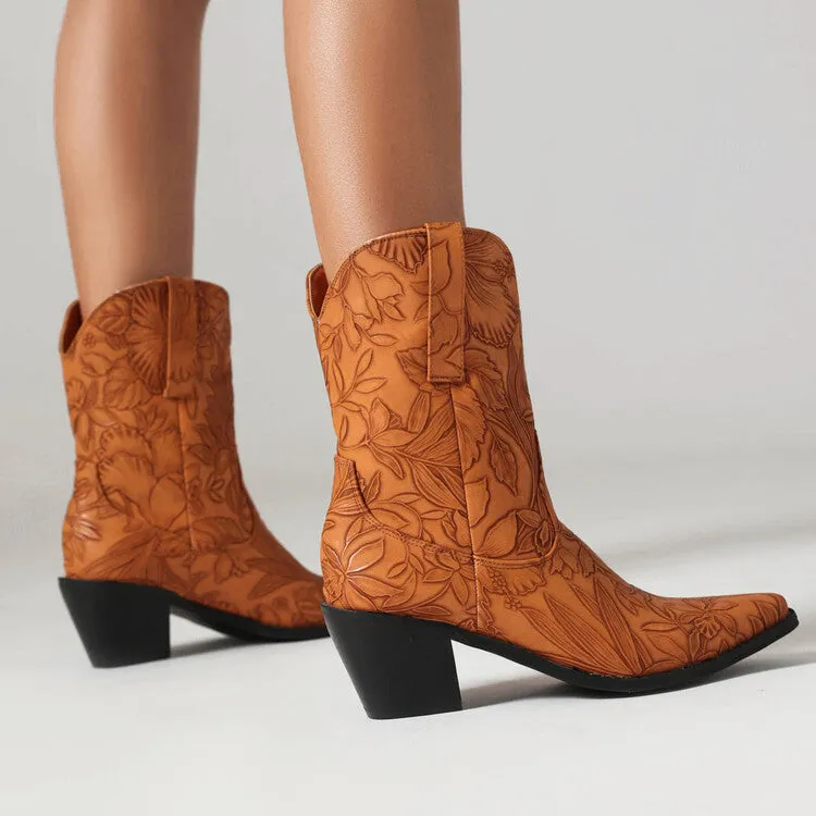 Women's Cowboy Pointed Toe Beveled Heel Flowers Printed Mid Calf Western Boots