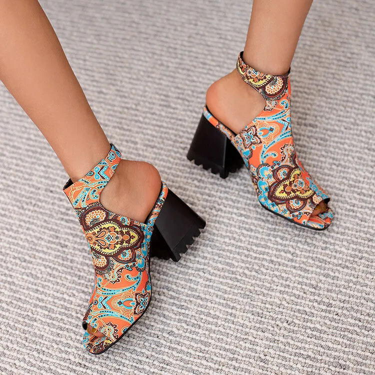 Women's Ethnic Peep Toe Buckle Block Chunky Heel Sandals