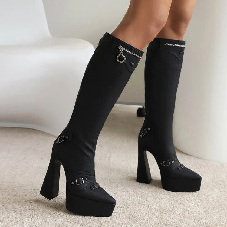 Women's Frosted Pu Leather Pointed Toe Metal Buckles Zippers Spool Heel Platform Knee High Boots