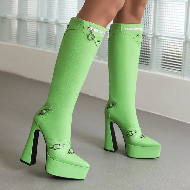 Women's Frosted Pu Leather Pointed Toe Metal Buckles Zippers Spool Heel Platform Knee High Boots