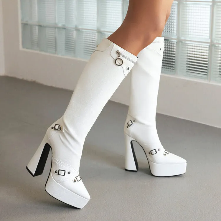 Women's Frosted Pu Leather Pointed Toe Metal Buckles Zippers Spool Heel Platform Knee High Boots