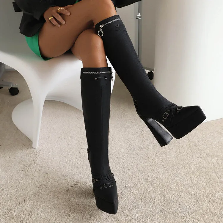 Women's Frosted Pu Leather Pointed Toe Metal Buckles Zippers Spool Heel Platform Knee High Boots