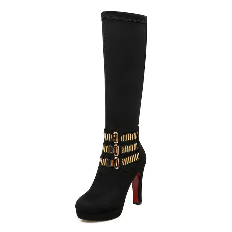 Women's Glittery Sequins Chunky Heel Platform Knee-High Boots