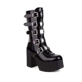 Women's Glossy Metal Buckle Straps Block Chunky Heel Platform Mid-calf Boots