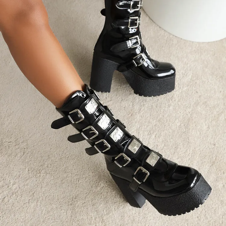 Women's Glossy Metal Buckle Straps Block Chunky Heel Platform Mid-calf Boots