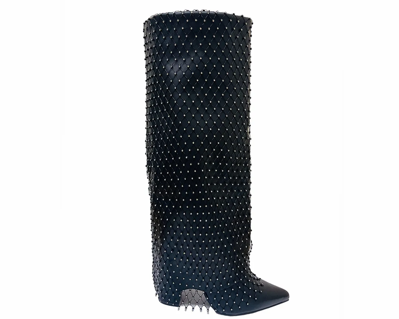 Women's Kneel High Fold Over Diamante Fishnet Block Heel Boots