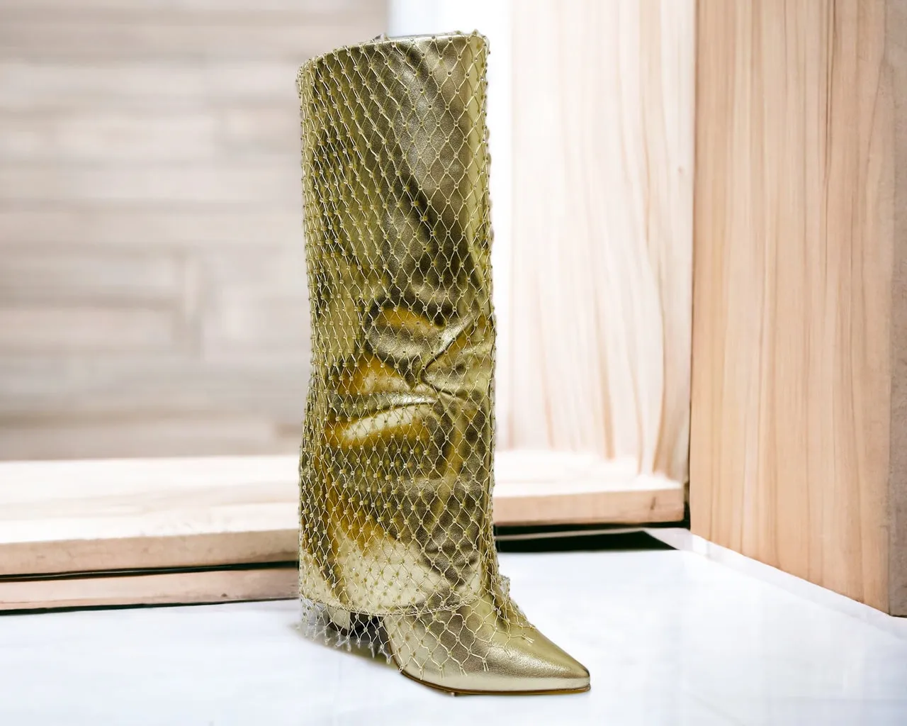 Women's Kneel High Fold Over Diamante Fishnet Block Heel Boots