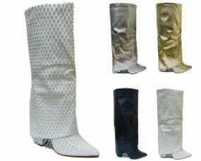 Women's Kneel High Fold Over Diamante Fishnet Block Heel Boots