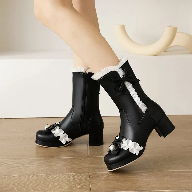 Women's Lace Bow Tie Pearls Block Chunky Heel Mid-Calf Boots