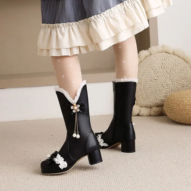 Women's Lace Bow Tie Pearls Block Chunky Heel Platform Knee-High Boots