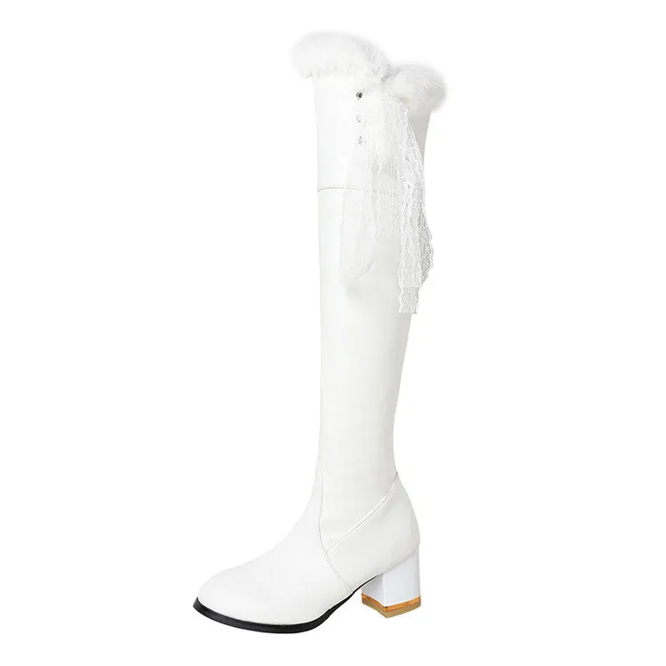 Women's Lace Furry Block Heel Over-The-Knee Boots