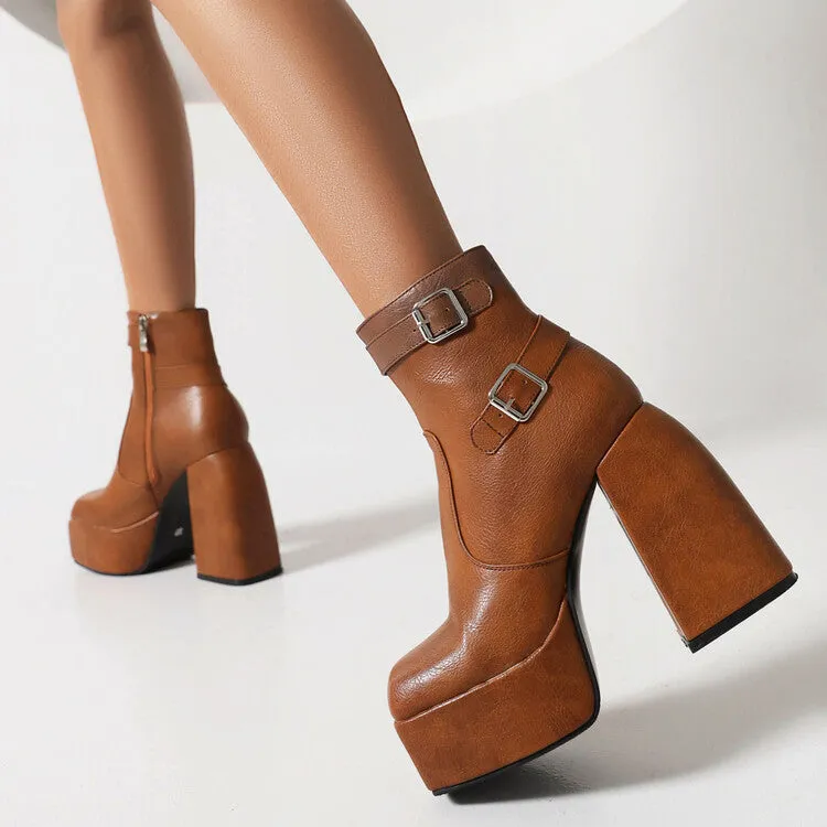 Women's Open Toe Buckle Straps Block Chunky Heel Platform Ankle Boots