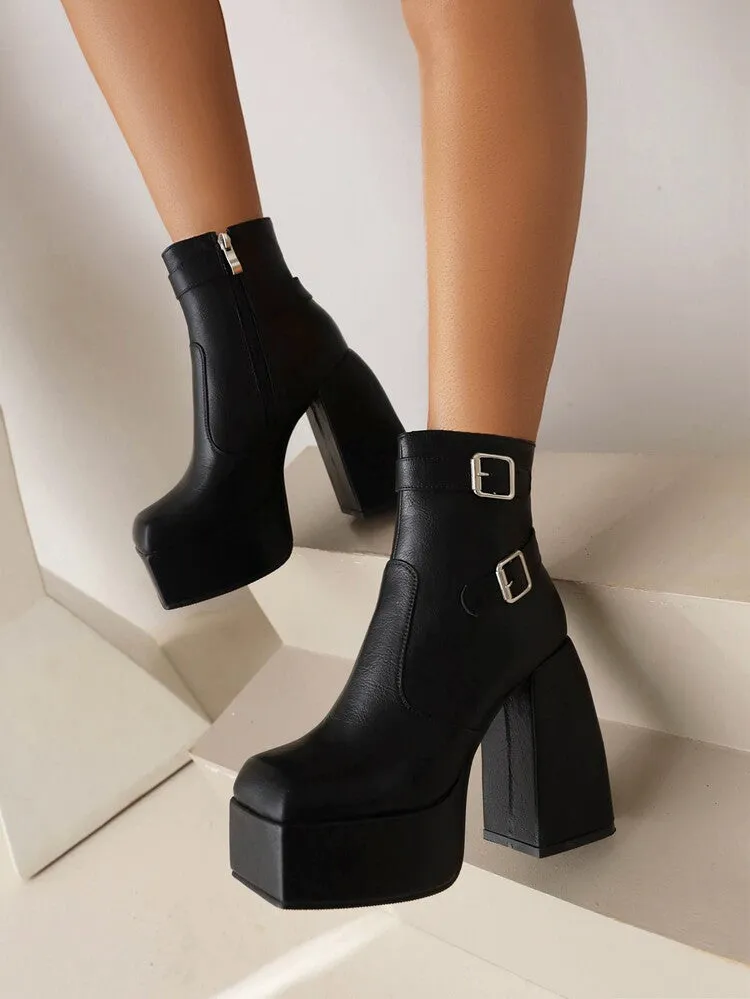 Women's Open Toe Buckle Straps Block Chunky Heel Platform Ankle Boots