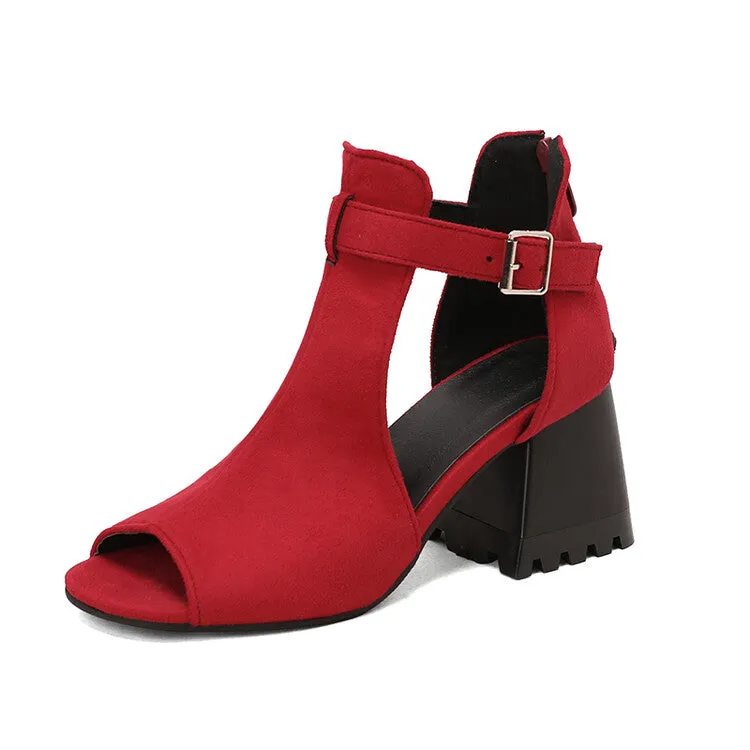 Women's Open Toe Cutout Buckle Straps Block Chunky Heel Sandals