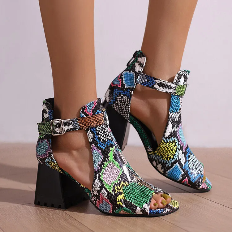 Women's Open Toe Cutout Buckle Straps Block Chunky Heel Sandals