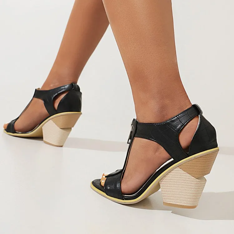 Women's Open Toe Zippers Cutout Cone Heel Sandals