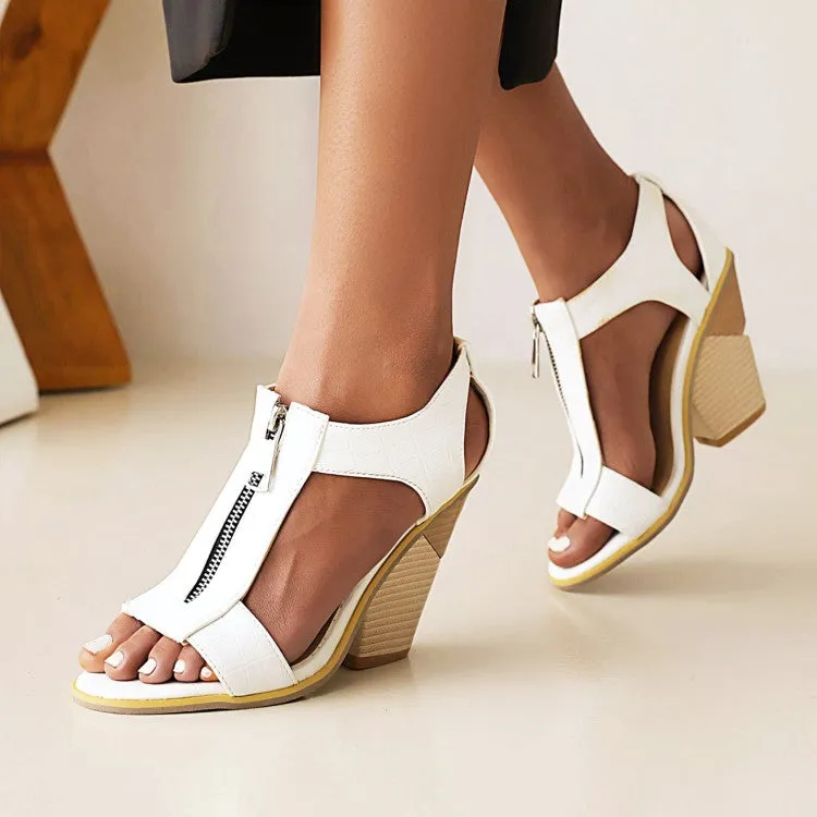 Women's Open Toe Zippers Cutout Cone Heel Sandals