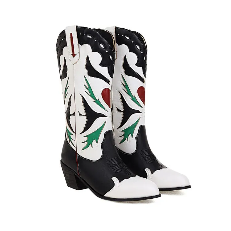 Women's Patchwork Pointed Toe Block Heel Cowboy Mid Calf Boots