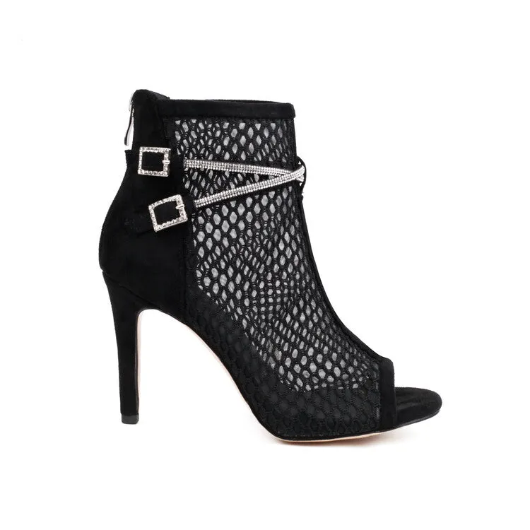 Women's Peep Toe Mesh Rhinestone Chains Stiletto Heel Ankle Boots