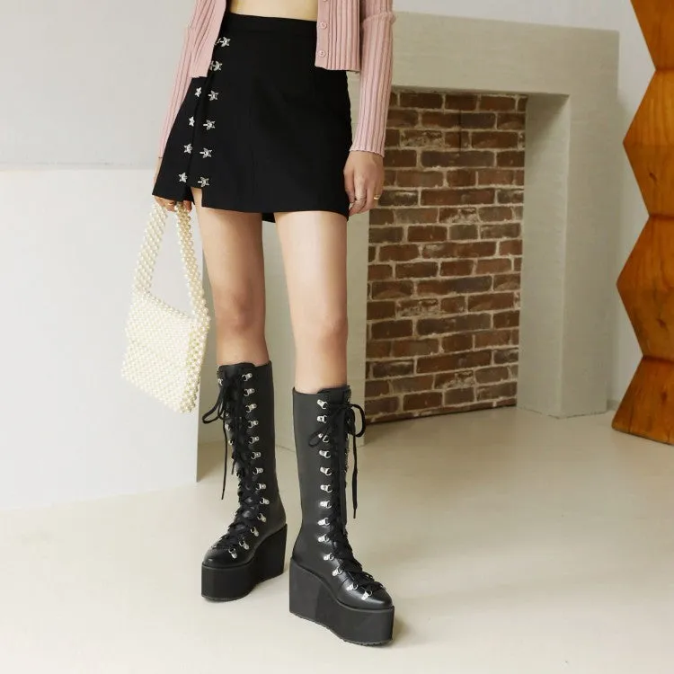 Women's Pu Leather Round Toe Metal Rivets Lace Up Wedge Heel Platform Mid-calf Boots