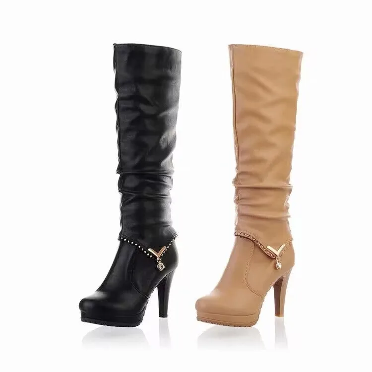 Women's Rhinestone Pendants Stiletto Heel Platform Knee-High Boots